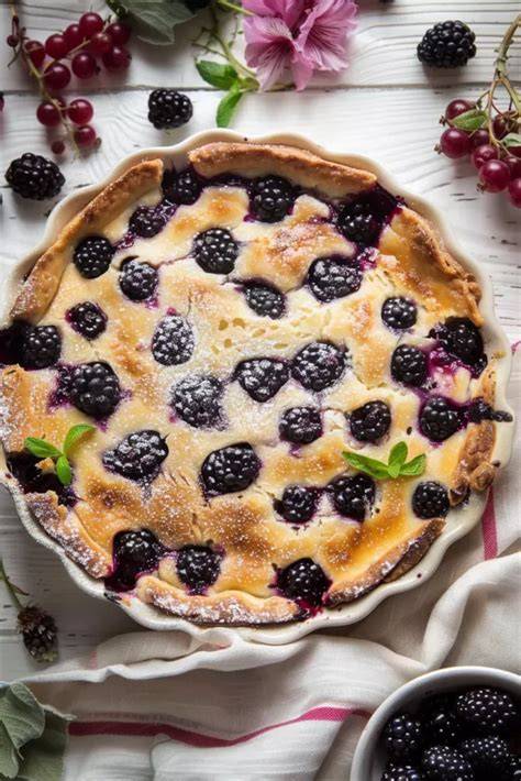 Illustration montrant un clafoutis aux mûres doré, dans un plat rectangulaire en céramique, sur une nappe claire avec des mûres autour