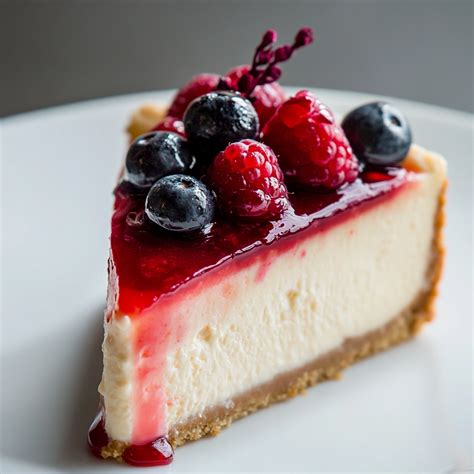 Une assiette de cheesecake aux fruits rouges avec un coulis et quelques fruits frais