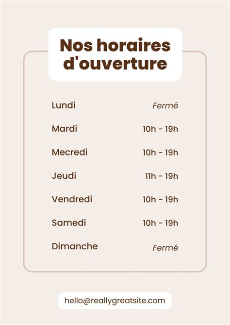 Calendrier avec les horaires d'ouverture