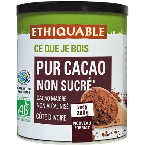 Tableau nutritionnel simplifié du cacao en poudre non sucré