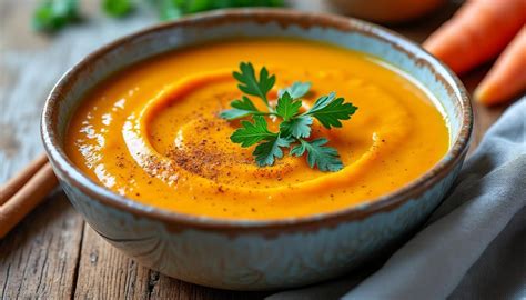 Un bol de velouté de patate douce et carotte garni de graines de courge