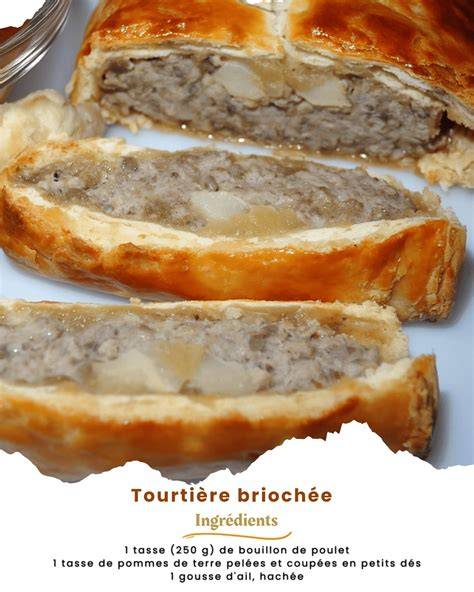 Idée d’infographie: schéma des couches de tourtière (pâte - garniture - bouillon) et timing de cuisson