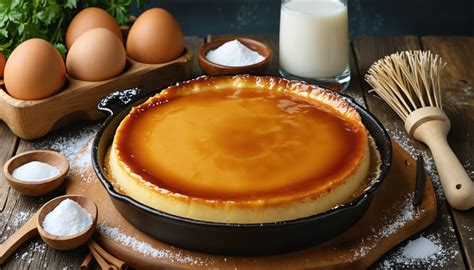 Photographie d'un flan pâtissier traditionnel aux œufs, avec une croûte dorée et une garniture crémeuse.