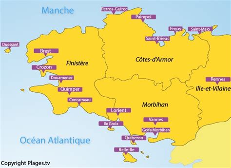 Carte de la Bretagne avec les principales villes productrices de crêpes et galettes