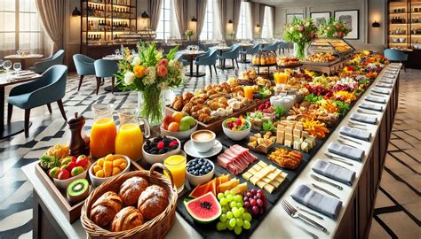 Buffet de petit-déjeuner copieux sur une terrasse avec vue sur la mer