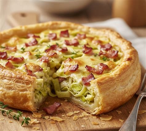 Schéma montrant l’ordre: fond de tarte → poireaux et lardons → appareil œufs/crème/lait → fromages