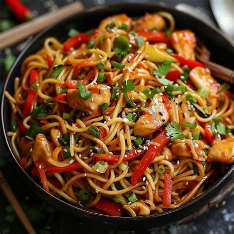 Nouilles chinoises au poulet et légumes colorées