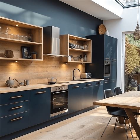 Exemple de cuisine IKEA avec des façades bleues, plan de travail en bois et crédence blanche