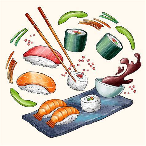 illustration histoire du sushi et kimchi