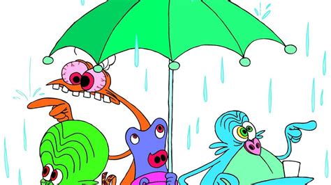 Un dessin représentant les cinq Zinzins dans leur maison sur Terre