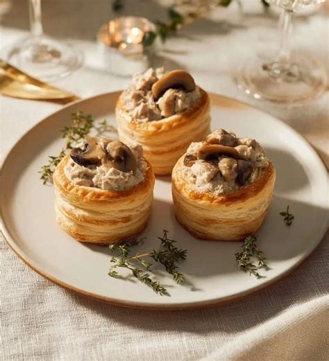 Bouchées à la reine garnies d'une sauce crémeuse au fromage et parsemées d'herbes