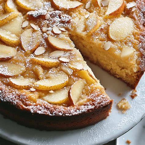 gâteau poire amande tranché sur assiette