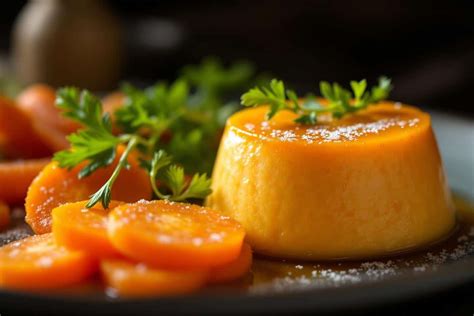Flan de carottes individuel démoulé, garni de pluches de cerfeuil et de beurre fondu