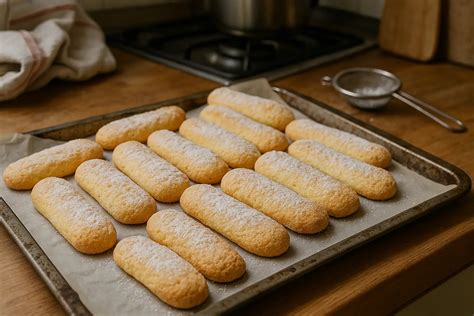 Des biscuits à la cuillère trempés dans un liquide parfumé
