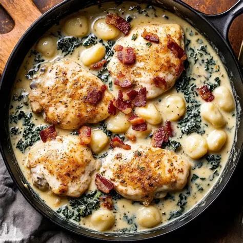Poulet et gnocchi cuisant dans une poêle