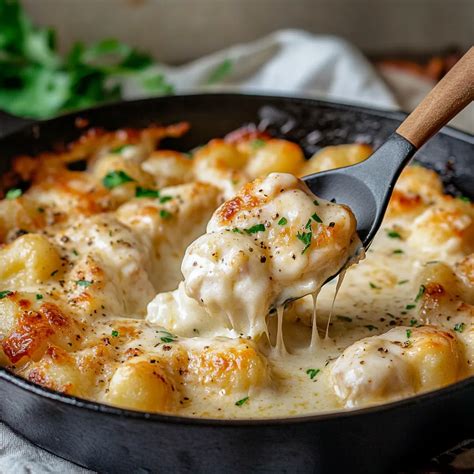 Vue rapprochée d'un plat de gnocchi au poulet et fromage fondant