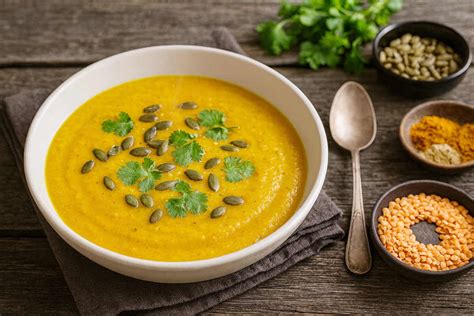 bol de soupe de lentilles corail avec des herbes fraîches
