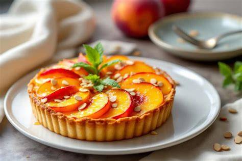 Tarte aux pêches illustrant les fruits dorés en rosette