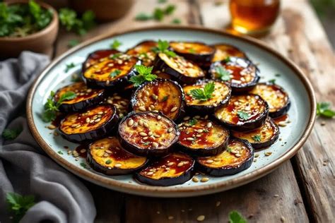 Assiette d'aubergines rôties et marinées avec des herbes fraîches