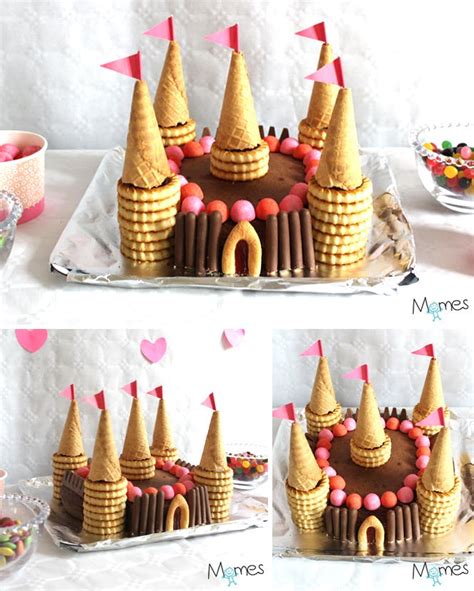 Gâteau château de princesse décoré avec des bonbons, des gaufrettes et des chamallows
