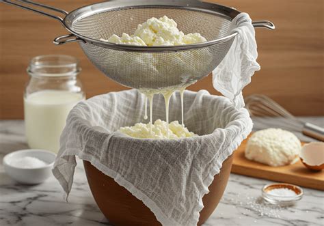 Caillé de fromage blanc dans une passoire