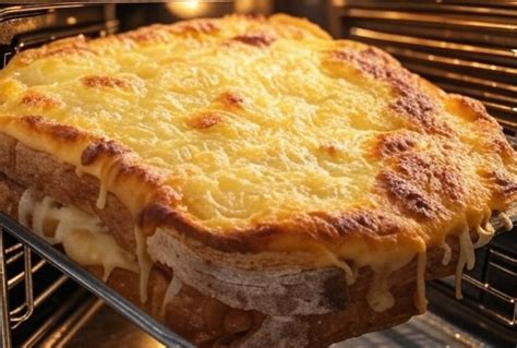 Un croque-monsieur doré et gratiné sortant du four