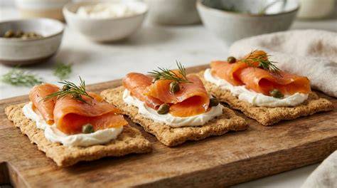 Illustration d’un plateau apéritif avec crackers, saumon fumé et sauce fromage blanc à l’aneth