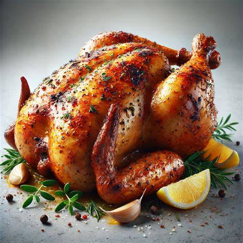 Photo d’un poulet en cuisson verticale avec liquides aromatiques