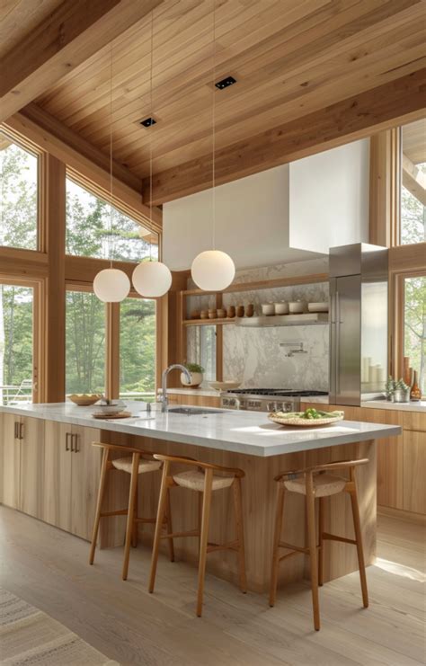 Cuisine américaine style scandinave avec îlot en bois clair