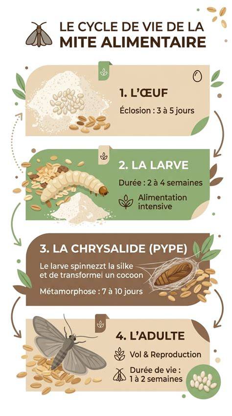 Infographie: Cycle de vie d'une mite alimentaire et points d'entrée typiques