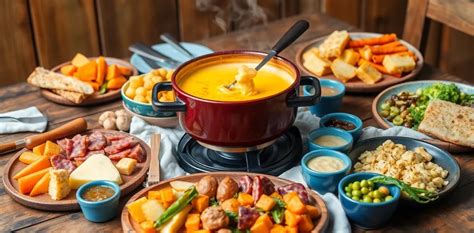 Divers accompagnements pour la fondue : pain, pommes de terre, charcuterie, légumes