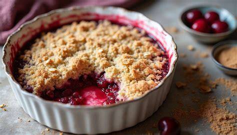 Schéma montrant couches crumble et cerises dans le plat