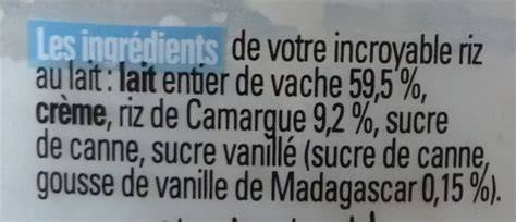 Schéma des ingrédients et de leurs origines: riz Camargue, vanille Madagascar, lait jersiais