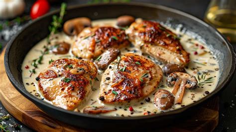 Illustration de poulet à la crème et champignons en cuisson