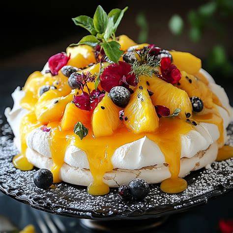 Photo d’une pavlova roulée avec garniture mangue-passion et fruits