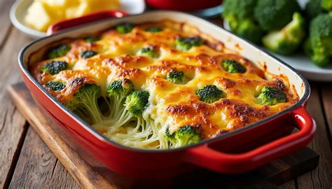 Plat de gratin de brocolis doré et appétissant sortant du four