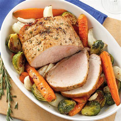 Illustration des étapes de cuisson et des ingrédients autour du rôti de porc au Cookeo