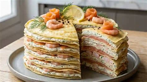 gateau crepes saumon avocat presentation