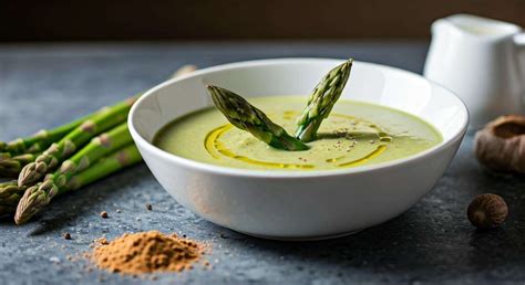 Vue aérienne d'un bol de velouté d'asperges vert vif avec des Saint-Jacques poêlées au centre