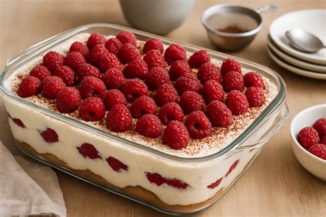Illustre une version légère de tiramisu avec une verrine, couches de crème et fruits rouges