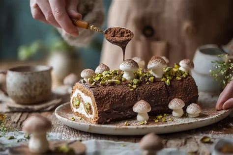 Image: Décoration de bûche tiramisu avec motifs écorce