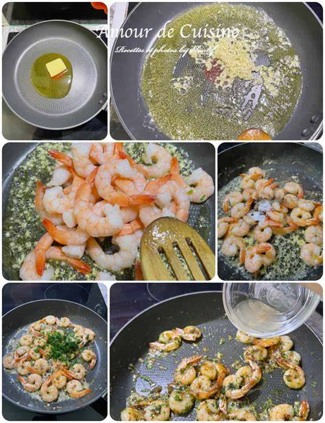 Infographie des étapes: cuisson des crevettes, mélange avec ail et persil, réduction de la sauce, assemblage avec les pâtes et final citron