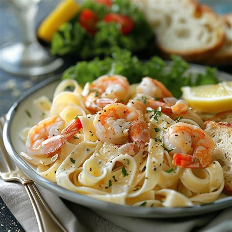 Image finale du plat présenté dans une assiette: tagliatelles aux crevettes avec sauce crémeuse au citron et ail