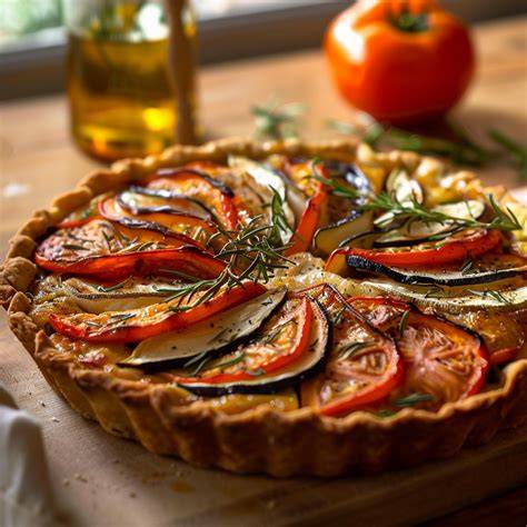 Schéma de montage de tarte: pâte + fromages + légumes + garnitures