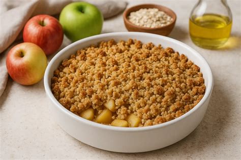 Illustration: schéma des composants du crumble sans beurre et disposition dans un plat à gratin