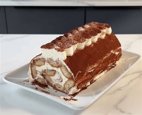 photo bûche tiramisu café démoulée avec cacao en poudre