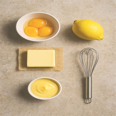 Ingrédients pour une sauce Hollandaise : jaunes d'œufs, beurre, citron, moutarde