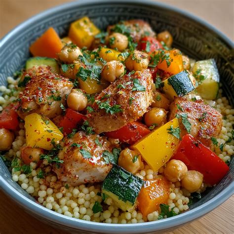 Plat de couscous garni de poulet, pois chiches et T’faya d’oignon
