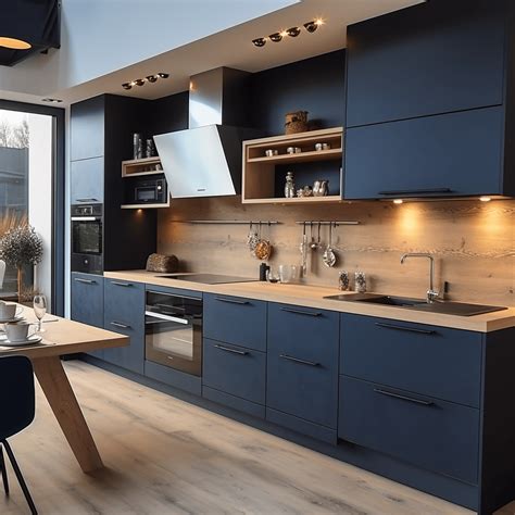 Plan d’implantation cuisine bleu et bois avec îlot central et lumière naturelle