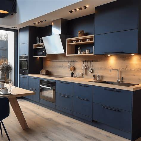 Schéma d’aménagement cuisine bleu nuit et bois: îlot, rangements, crédence